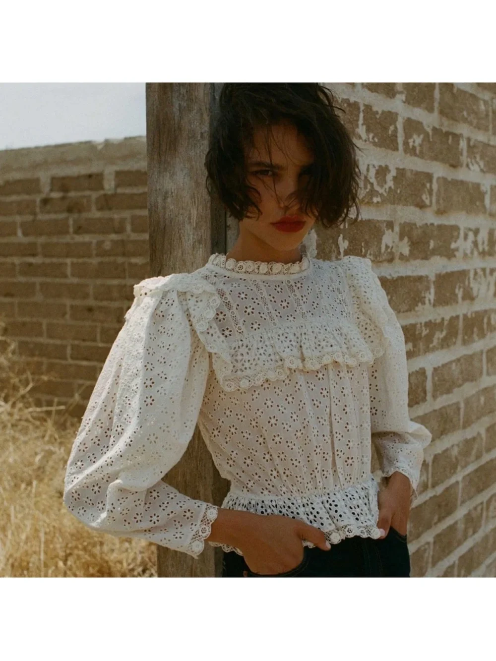 Doen White Eyelet Ruffle High-Neck Blouse
